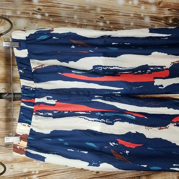 Blue/Cream/Coral Abstract Print Women's XXL Fun Elastic Waist Wide Leg Bottoms - Picture 2 of 7